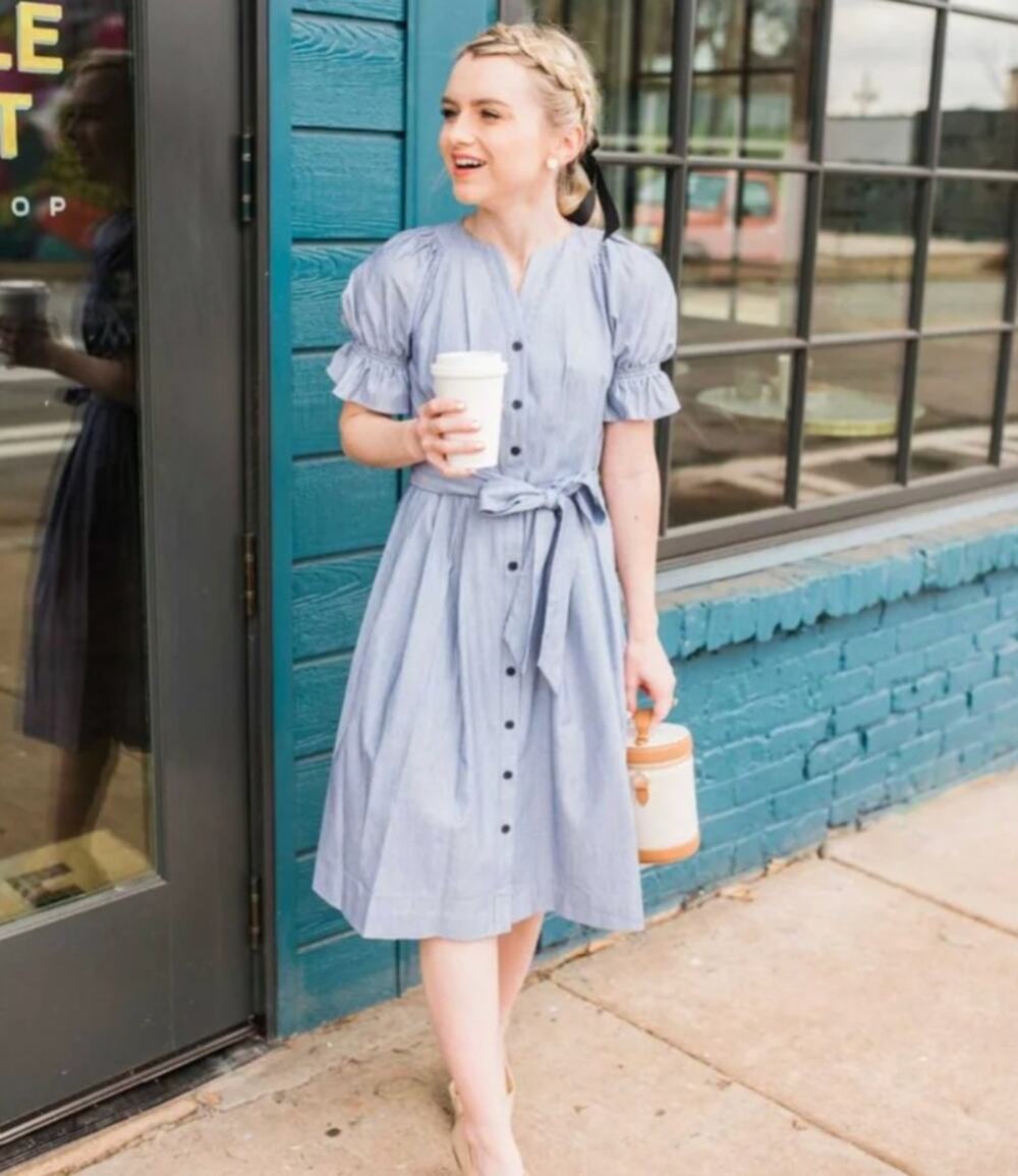Gal Meets Glam Daisy Tie Waist Button Up Shirtdress Blue White 100% Cotton 4